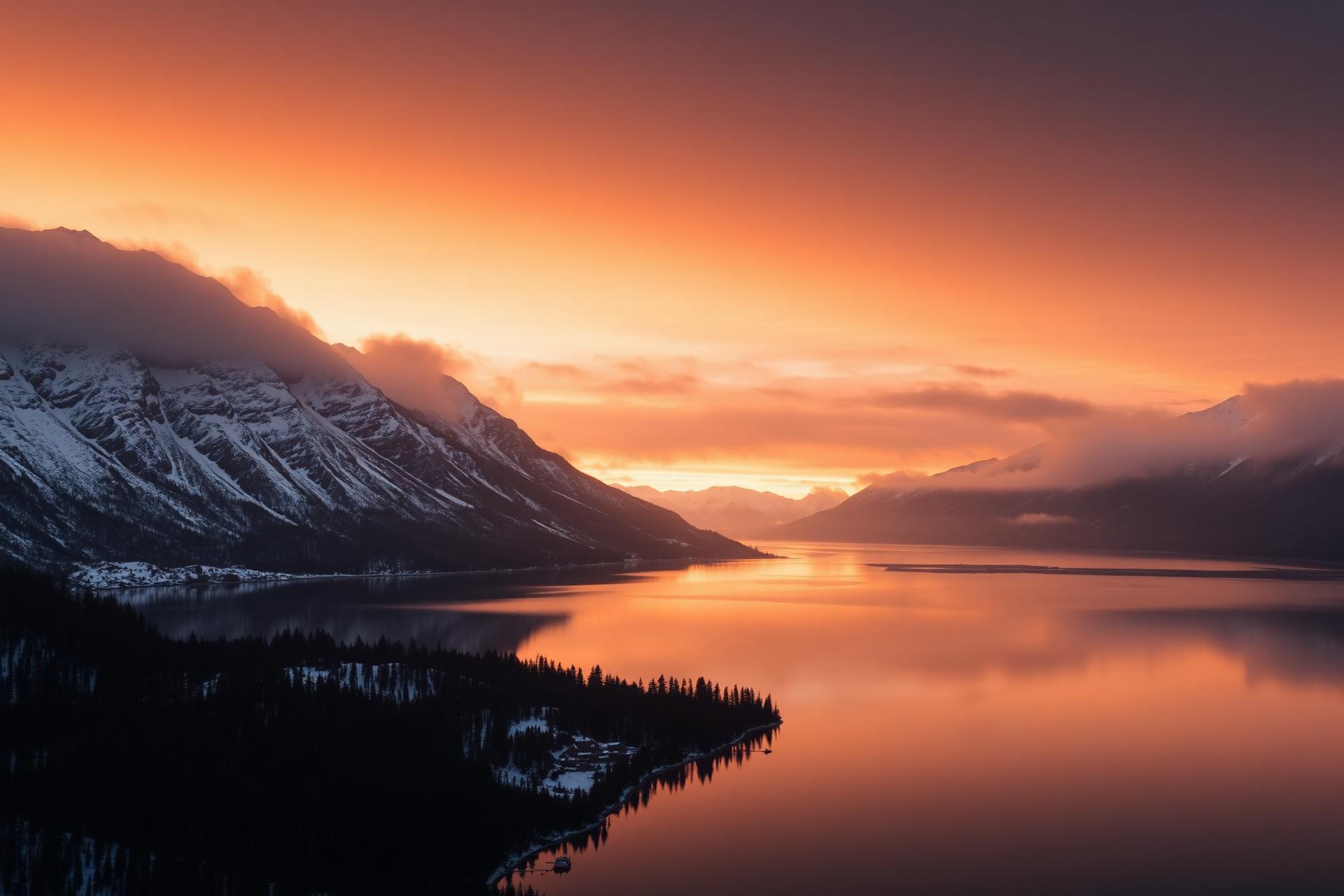 Sunset over Canadian mountains and a calm lake